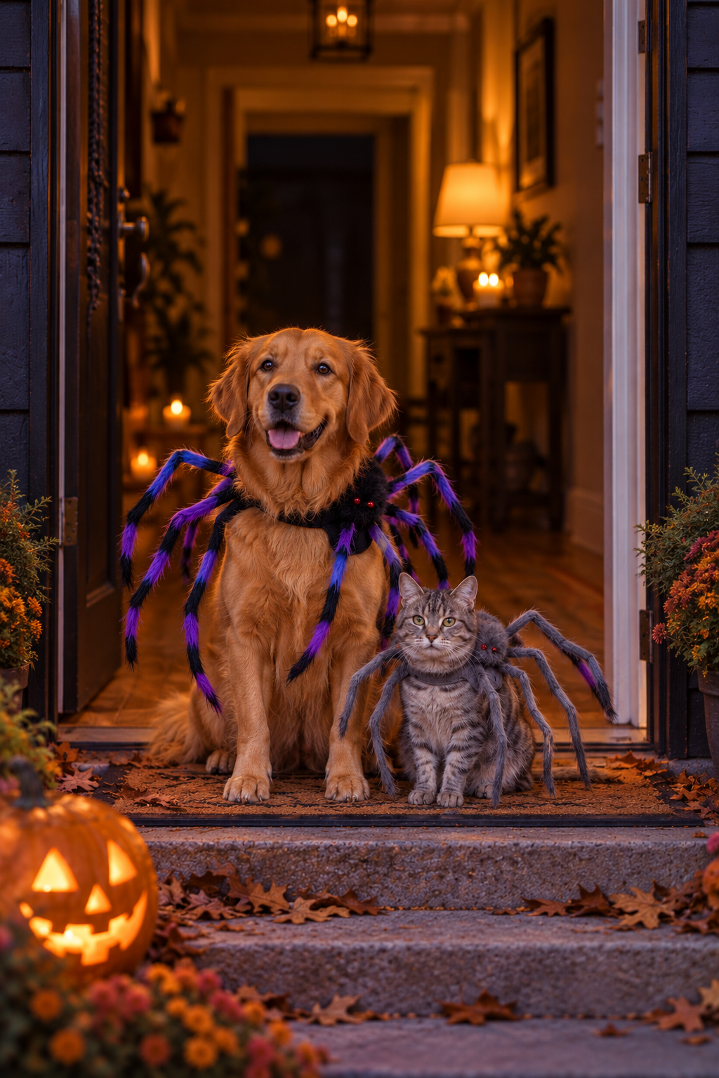 A dog and a cat wearing the SpiderPup spider costume